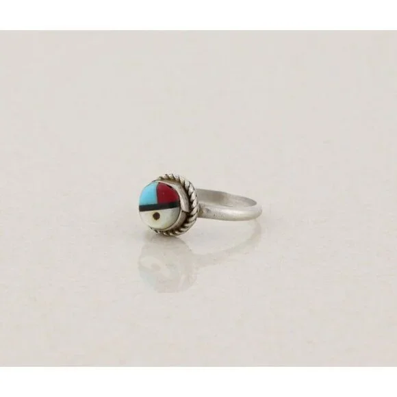 Sterling Silver Turquoise Coral Onyx Mother of Pearl Zuni Face Ring Size 4 1/2 - Picture 5 of 7